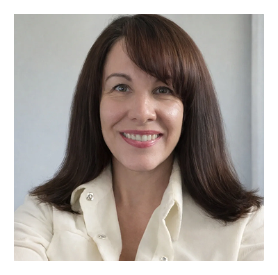 Smiling woman with brown hair and blouse.
