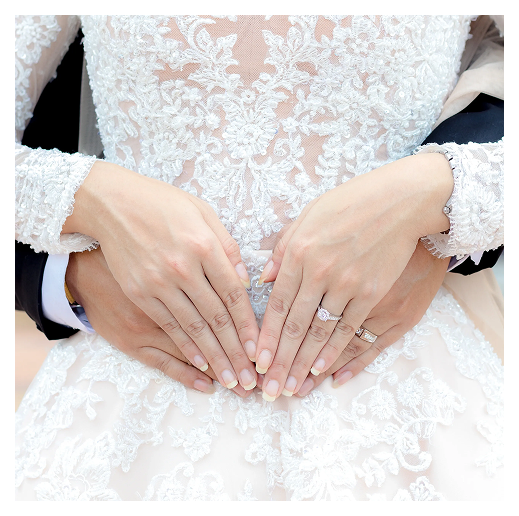 Hands embracing on lace wedding dress.